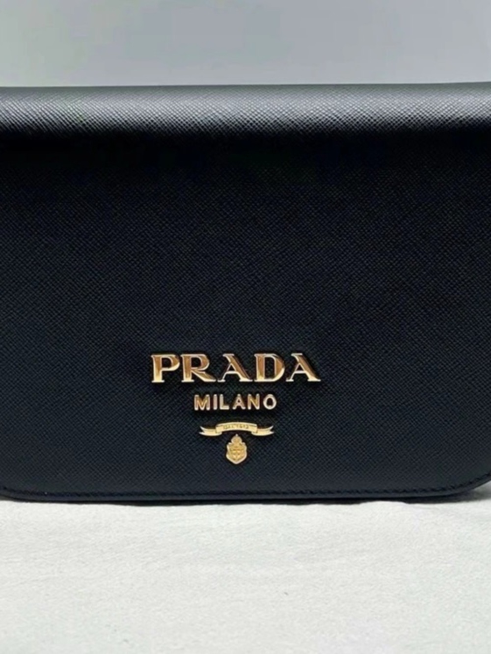 Prada Saffiano Logo Chain Flap Bag Black Clutch